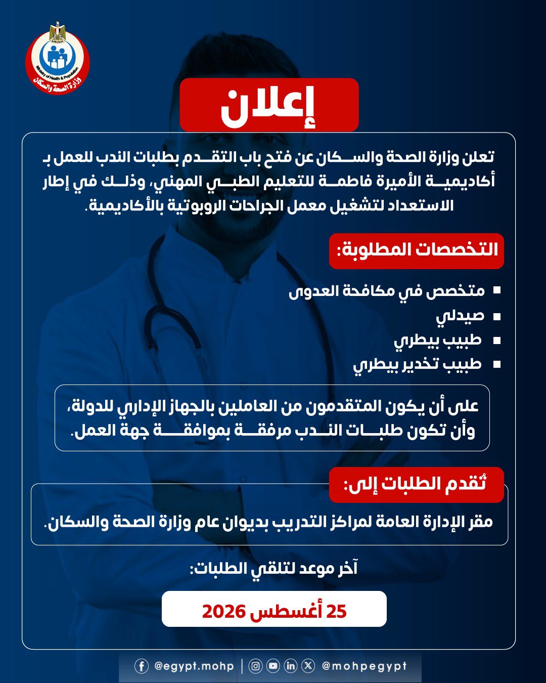 الصحة تعلن فتح باب الندب للعمل بأكاديمية الأميرة فاطمة