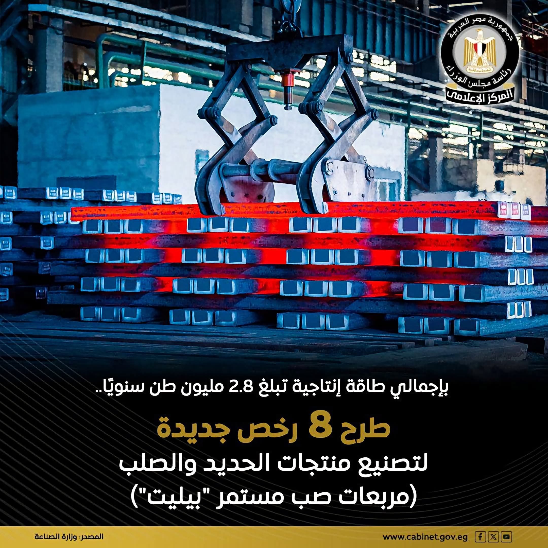 طرح 8 رخص جديدة لإنتاج «البيليت» بإجمالي 2.8 مليون طن سنويًا