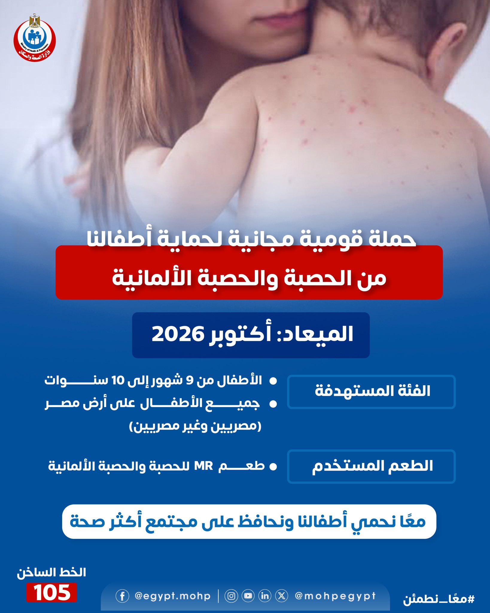 حملة قومية مجانية لتطعيم 21 مليون طفل ضد الحصبة والحصبة الألمانية خلال أكتوبر