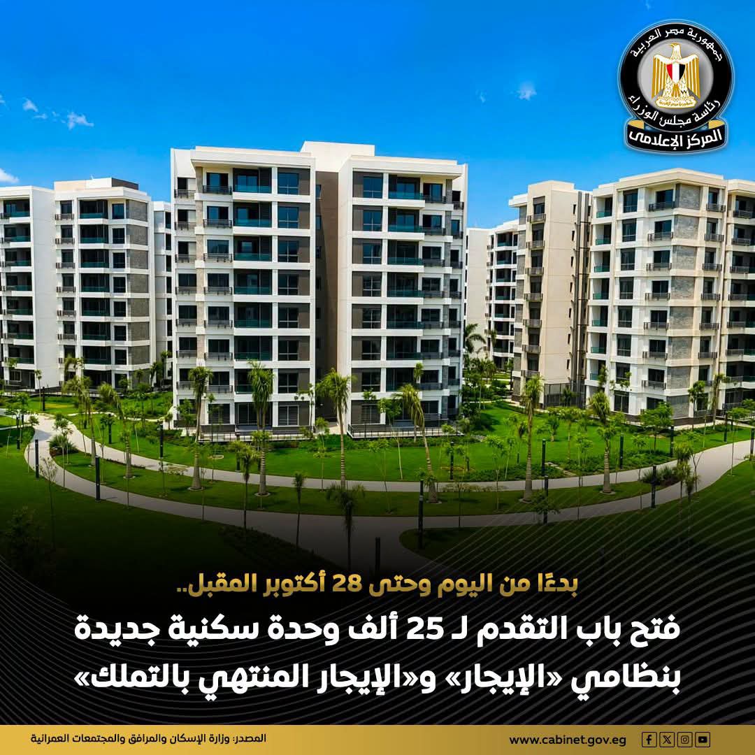 25 ألف وحدة سكنية.. بدء التقديم اليوم بنظام الإيجار والإيجار المنتهي بالتملك